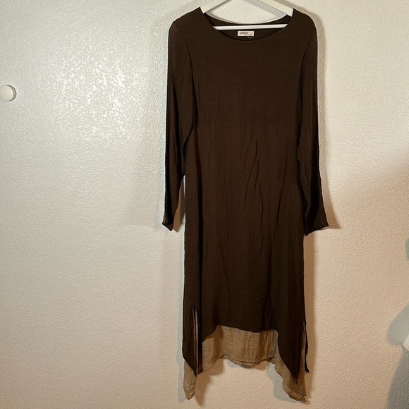 Anself Brown Tan Lagenlook Midi Dress Size Medium - Picture 1 of 8